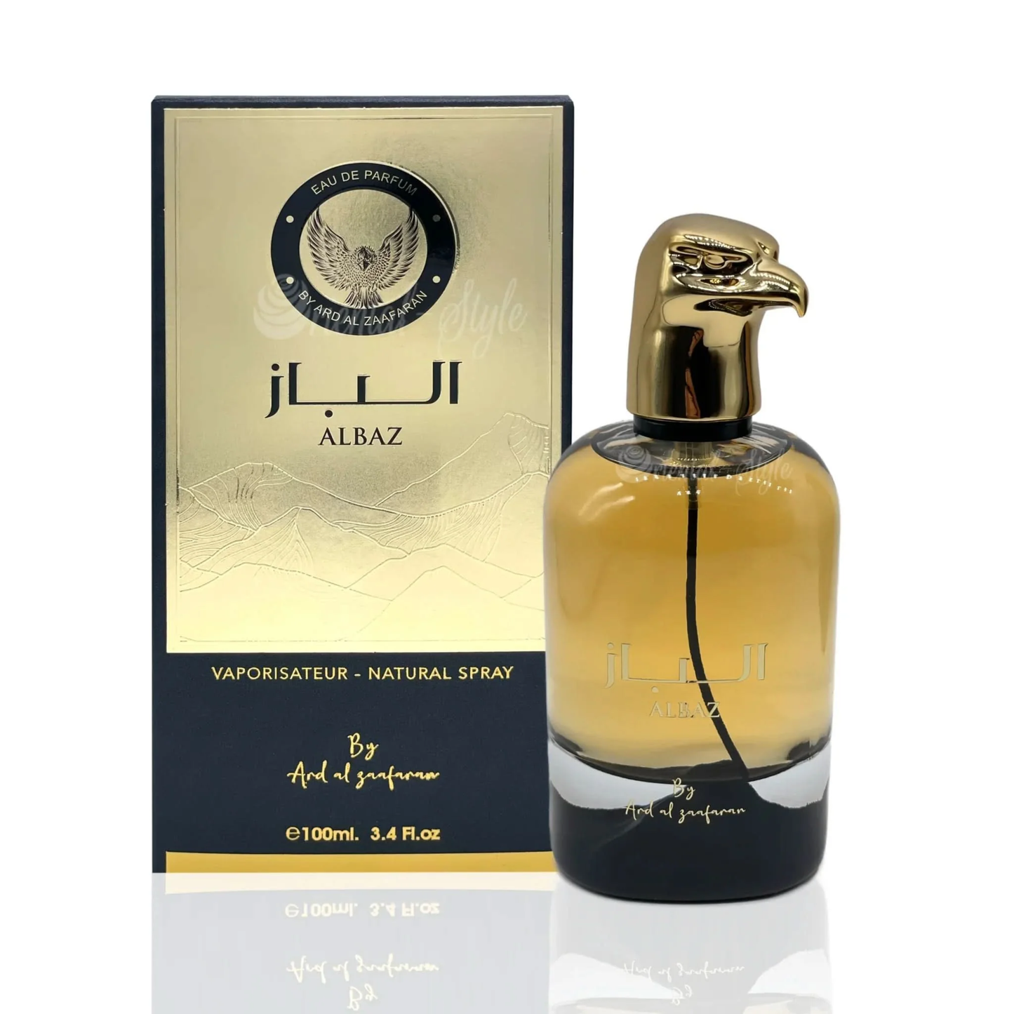 Albaz Perfume 100ml EDP bottle by Ard Al Zaafaran in its elegant black and gold packaging