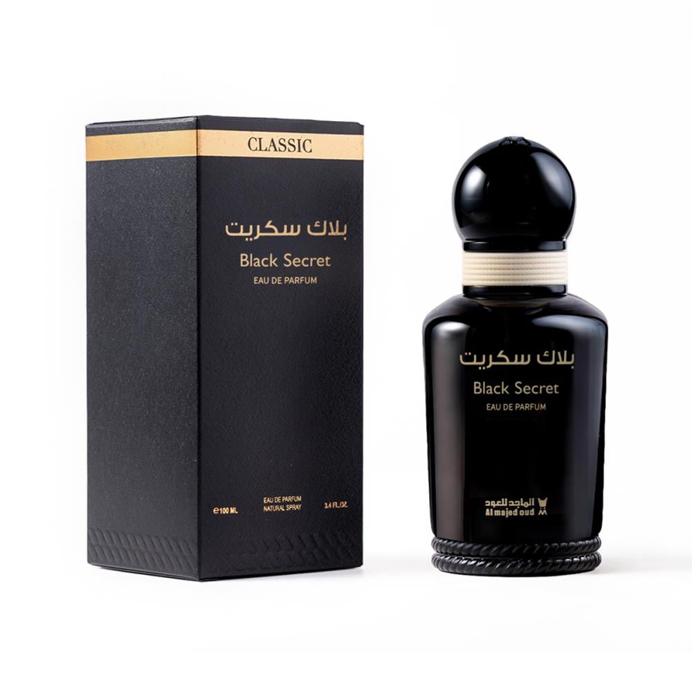 Al Majed Oud Black Secret Eau de Parfum bottle beside black Classic packaging box at Beevora UK