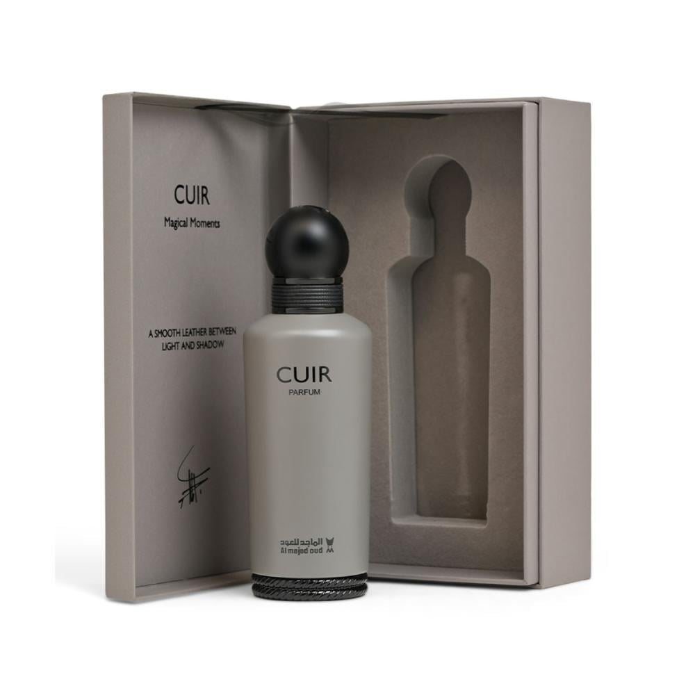 Authentic Al Majed Oud Cuir Classic 150ml Parfum matte grey bottle in front of open luxury presentation box at Beevora UK