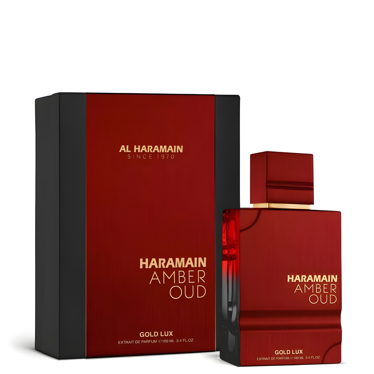 Amber Oud Gold Lux 100ml Extrait De Parfum by Al Haramain, featuring a deep red gradient glass bottle with gold lettering and a matching red cap