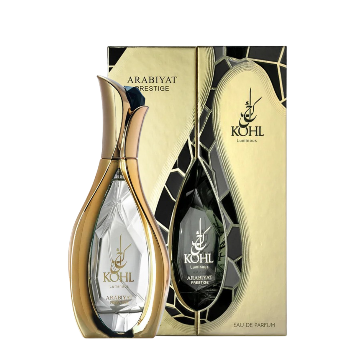 Kohl Arabiyat Prestige perfume bottle and packaging on a white background