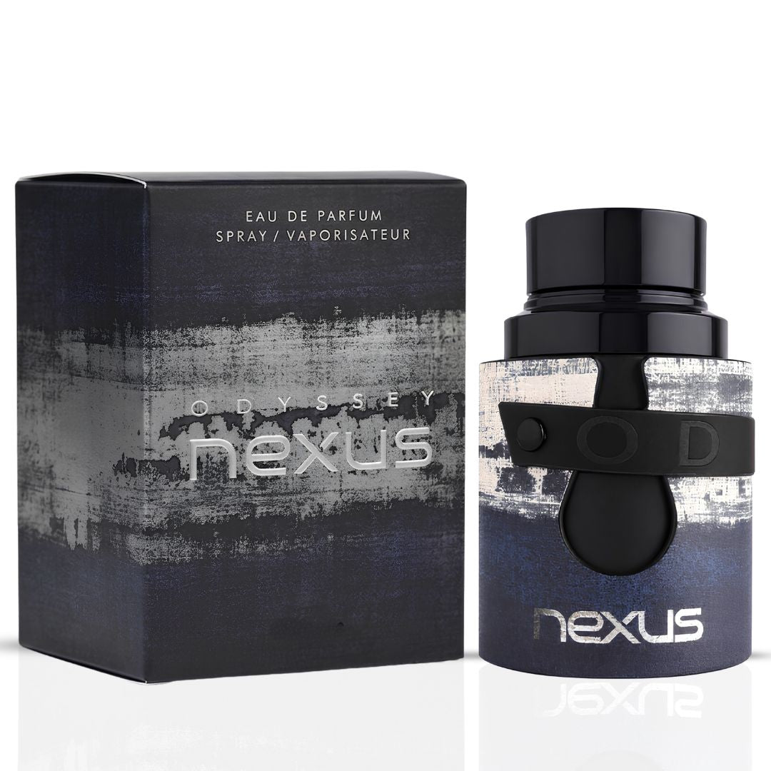 Nexus Odyssey Eau de Parfum bottle and its packaging box, featuring a black cap and a textured blue, white, and black cylindrical body with the 'nexus' logo.
