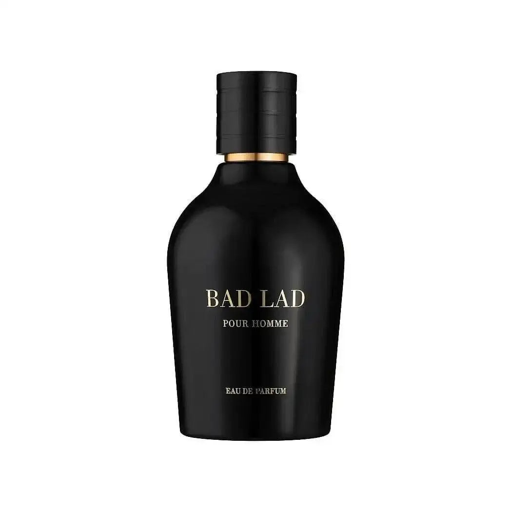 Black perfume bottle labeled 'Bad Lad' on a white background