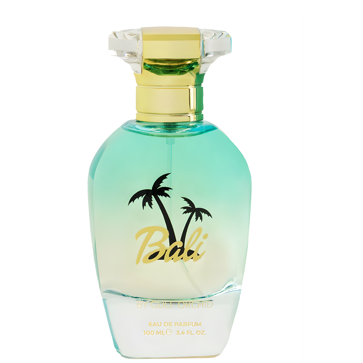 Bali Perfume bottle with palm tree design on a light green background