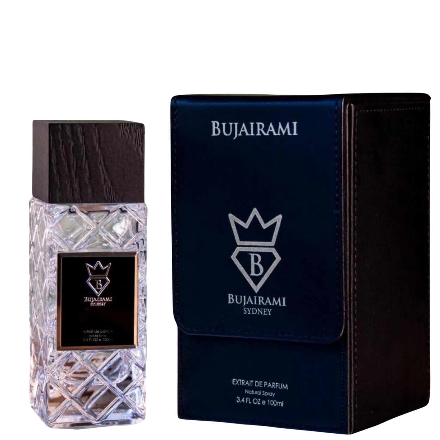 Bujairami Extrait de Parfum 100ml clear cut-glass perfume bottle with wooden cap and blue box