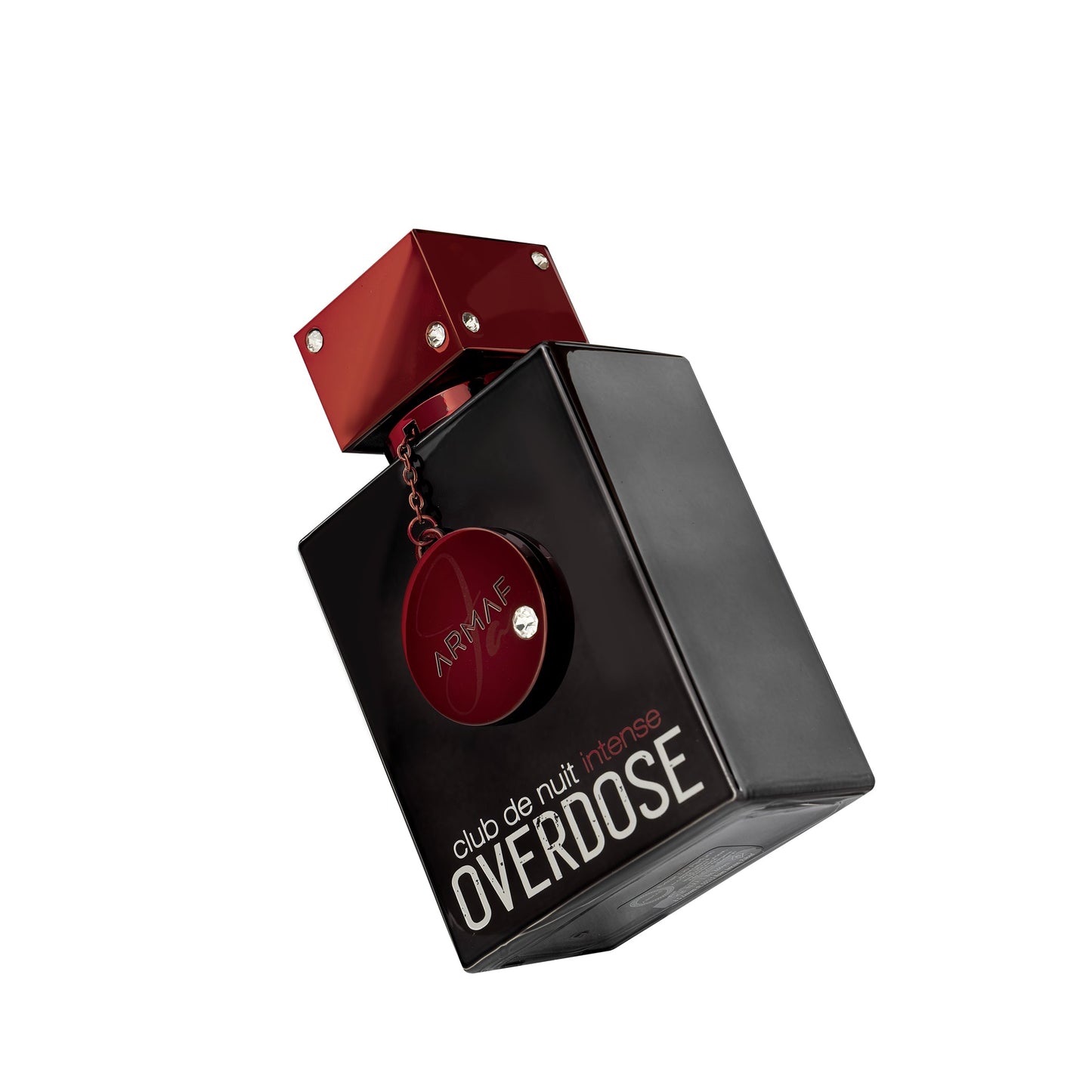 Armaf Club de Nuit Intense Overdose perfume bottle, featuring a matte black rectangular body with a metallic red cap and a red hanging tag, shown on a plain white background.