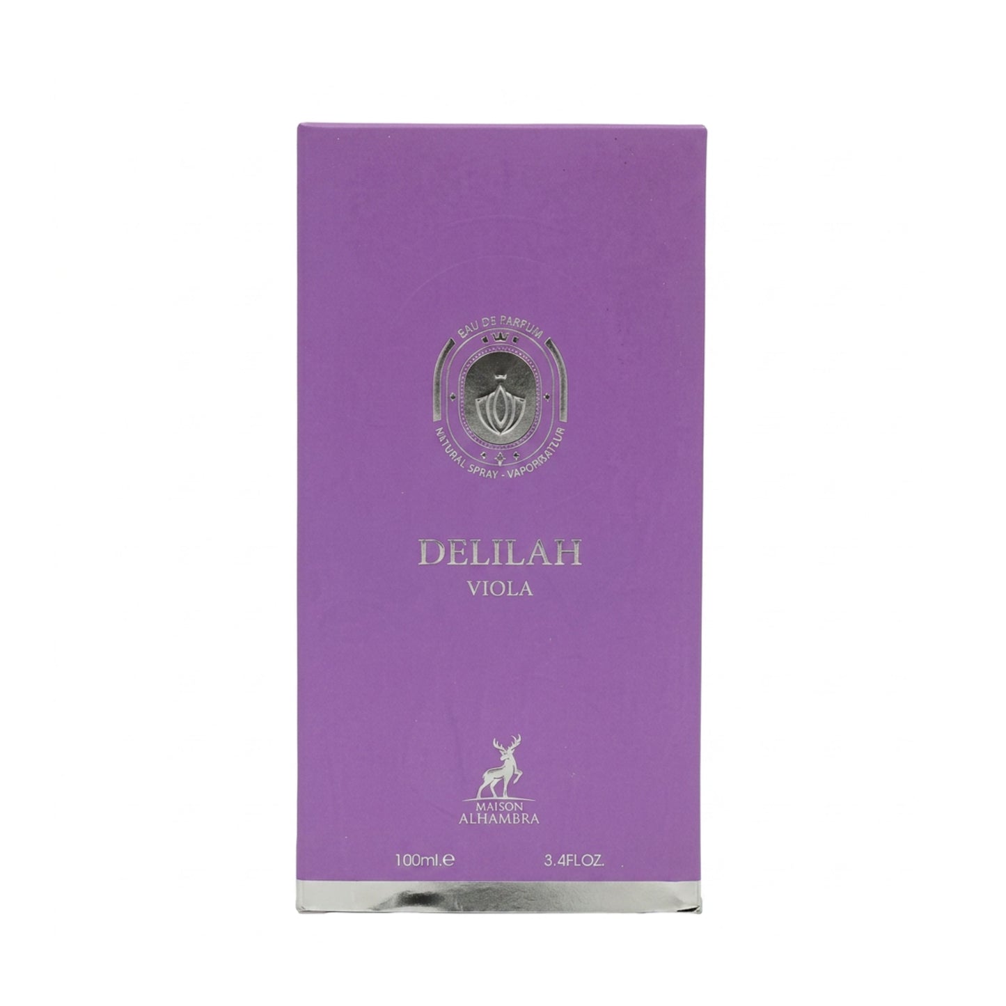 Delilah Viola perfume box in a solid purple color with silver foil lettering and logo, set against a plain white background.
