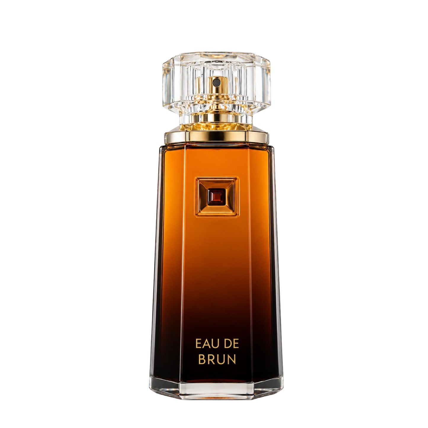 A faceted glass perfume bottle of Eau de Brun with a gradient amber-brown to dark brown body, a gold cap, and a clear crystal top, shown on a plain white background.