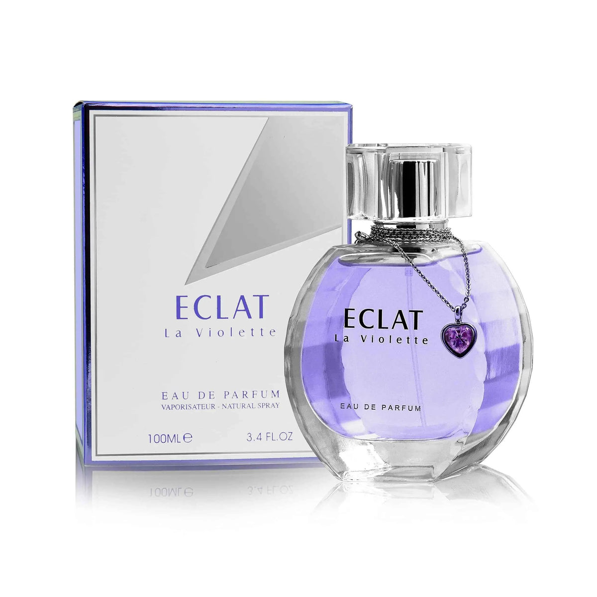 Eclat La Violette perfume bottle and packaging on a white background