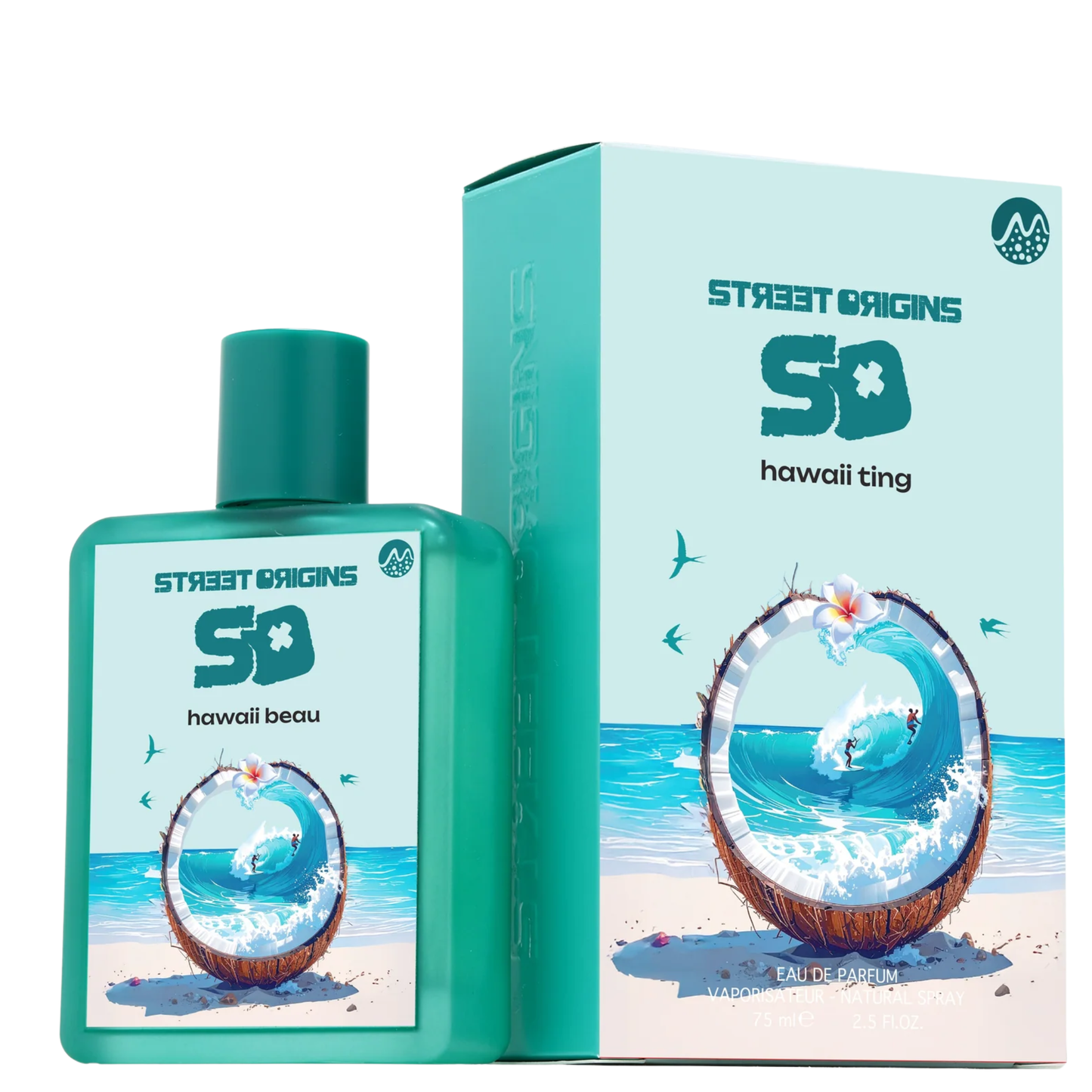 Hawaii Ting Perfume 75ml EDP by Street Origins (Fragrance World), featuring a turquoise bottle with a matching cap and tropical beach artwork on the label