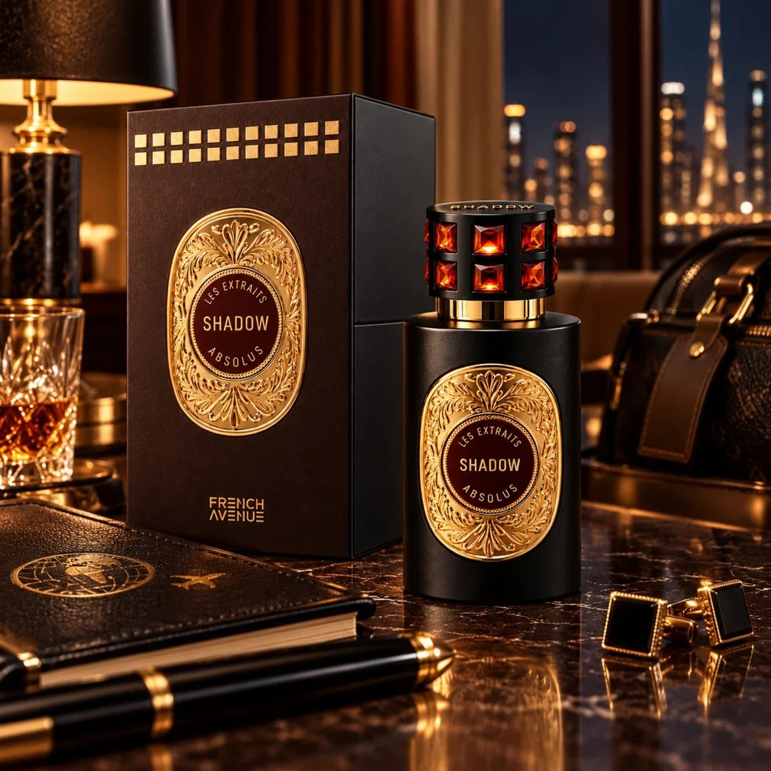 Luxury lifestyle display of French Avenue Les Extraits Absolus Shadow 60ml Extrait de Parfum in the UK