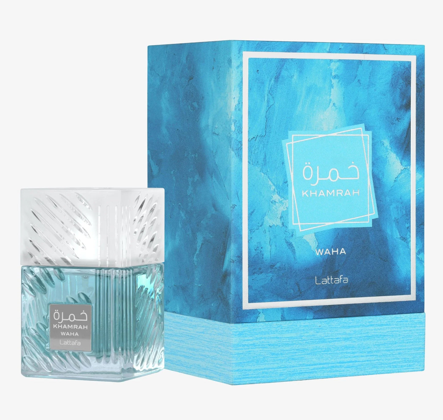 Lattafa Khamrah Waha Perfume bottle and packaging with blue design on a white background