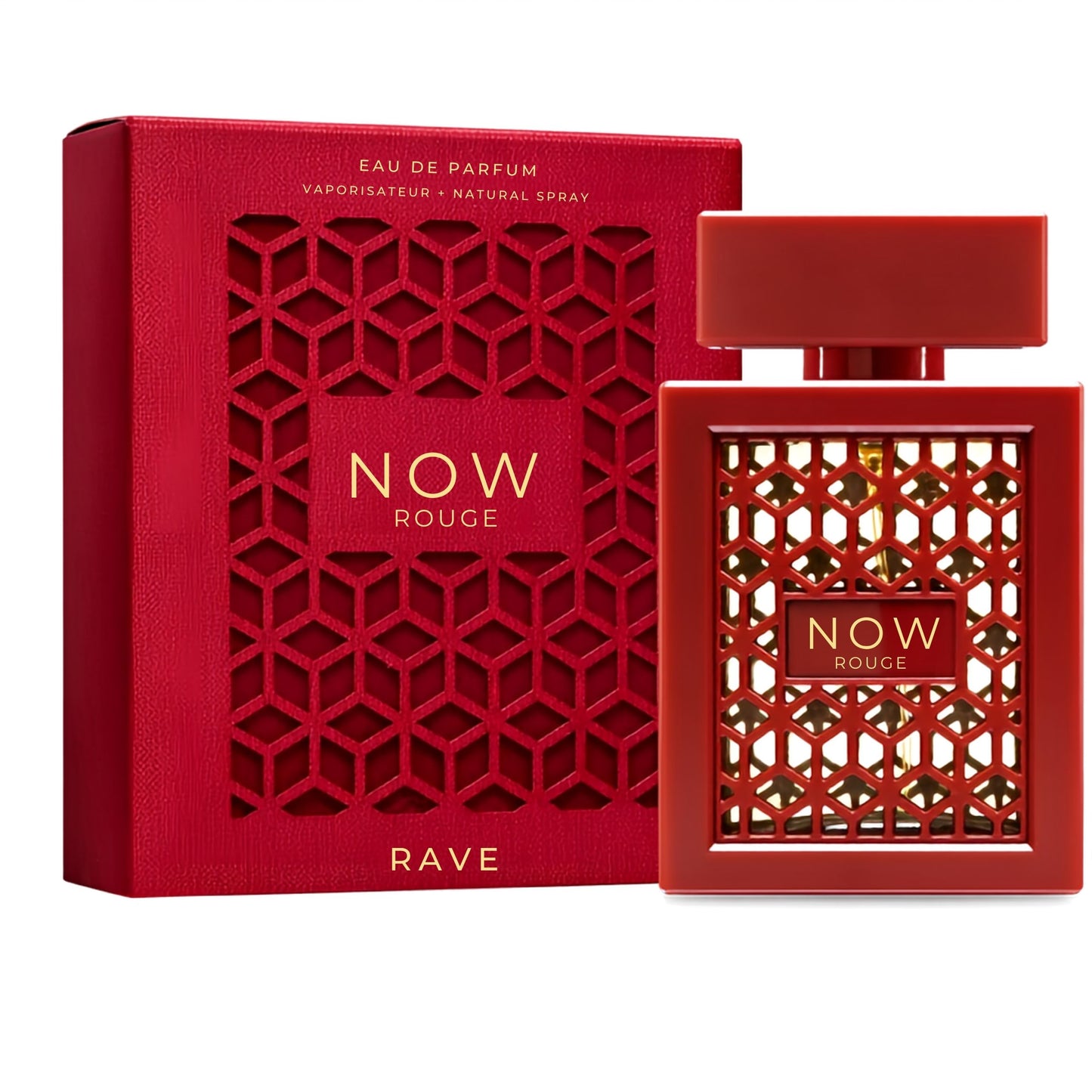 NOW ROUGE Eau de Parfum bottle and its matching red packaging box, both featuring a geometric honeycomb pattern and gold lettering, on a solid white background.