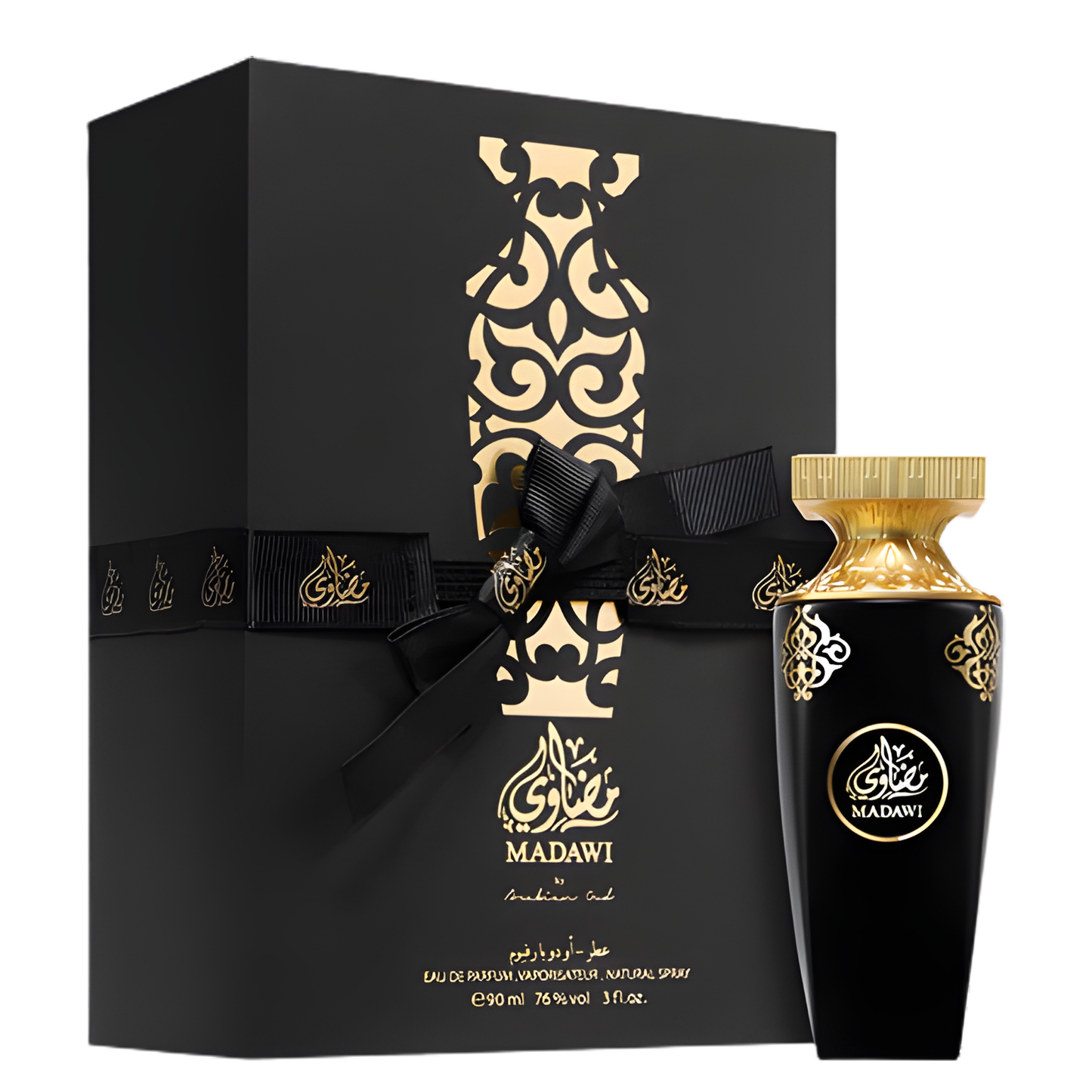 Madawi Arabian Oud women’s perfume black bottle with gold cap and luxury black box