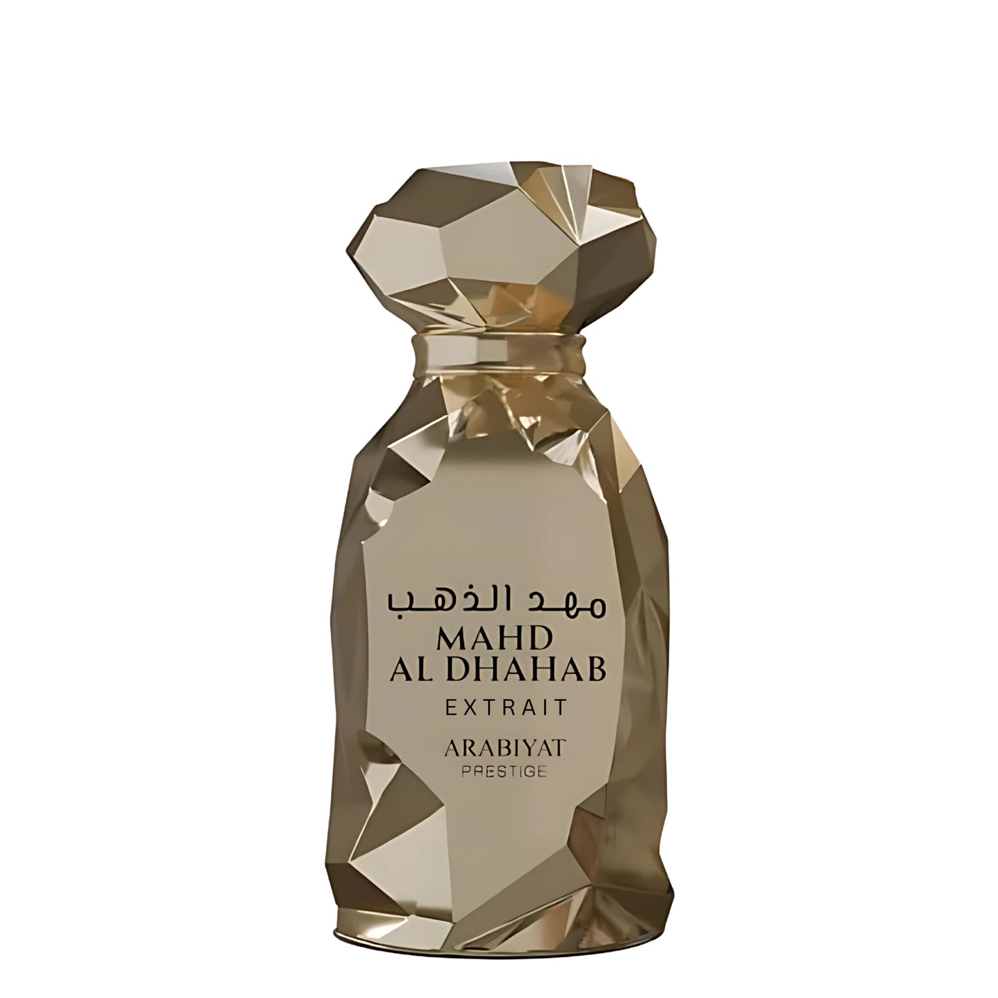 A faceted metallic gold perfume bottle with a geometric diamond-like cap, labeled 'MAHDI AL DHABAB EXTRAIT' and 'ARABIYAT PRESTIGE' on a plain white background.