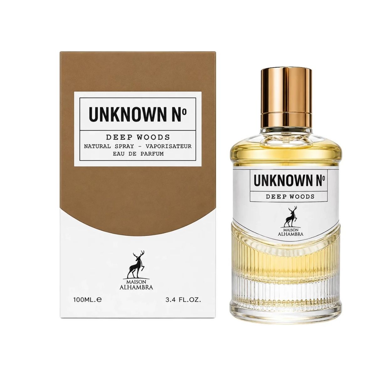 A bottle of Unknown No. Deep Woods Eau de Parfum next to its brown and white packaging box, featuring a gold cap and a clear glass bottle with amber liquid.