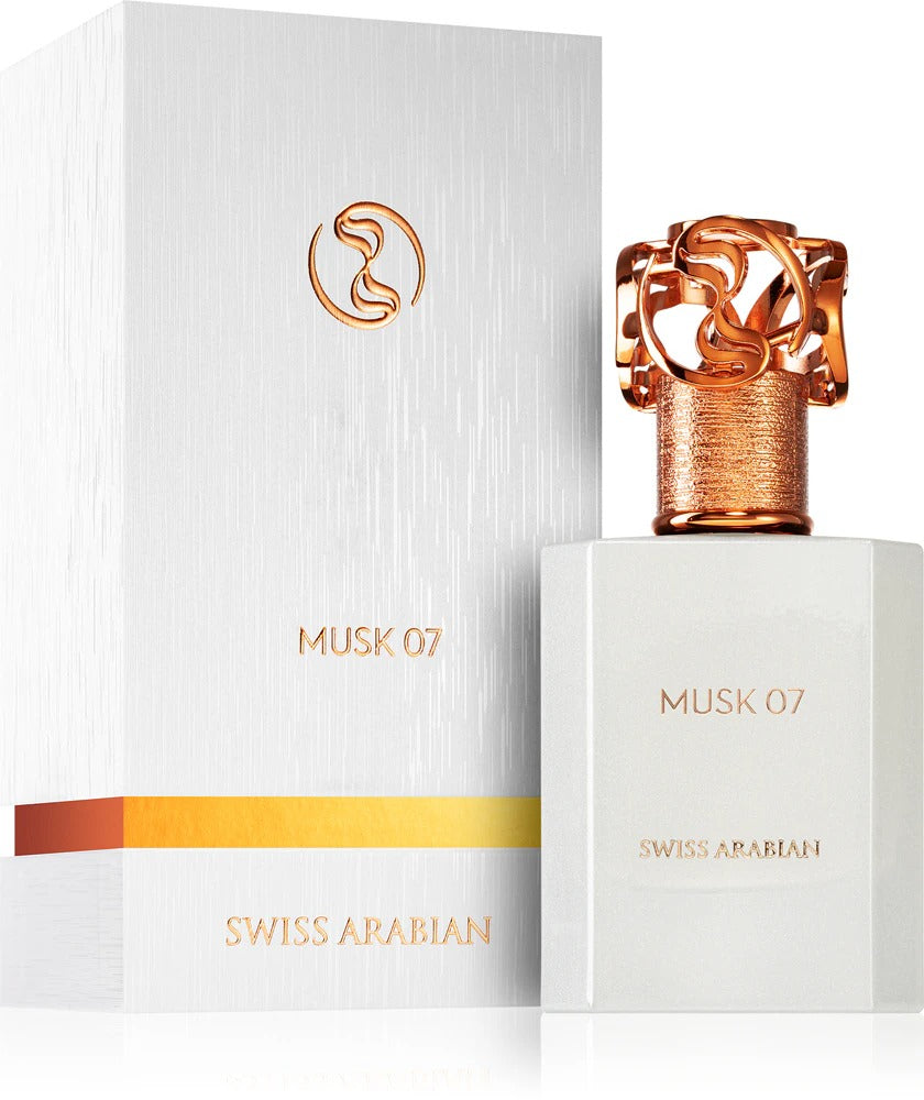 Swiss Arabian Musk 07 perfume bottle and packaging on a white background
