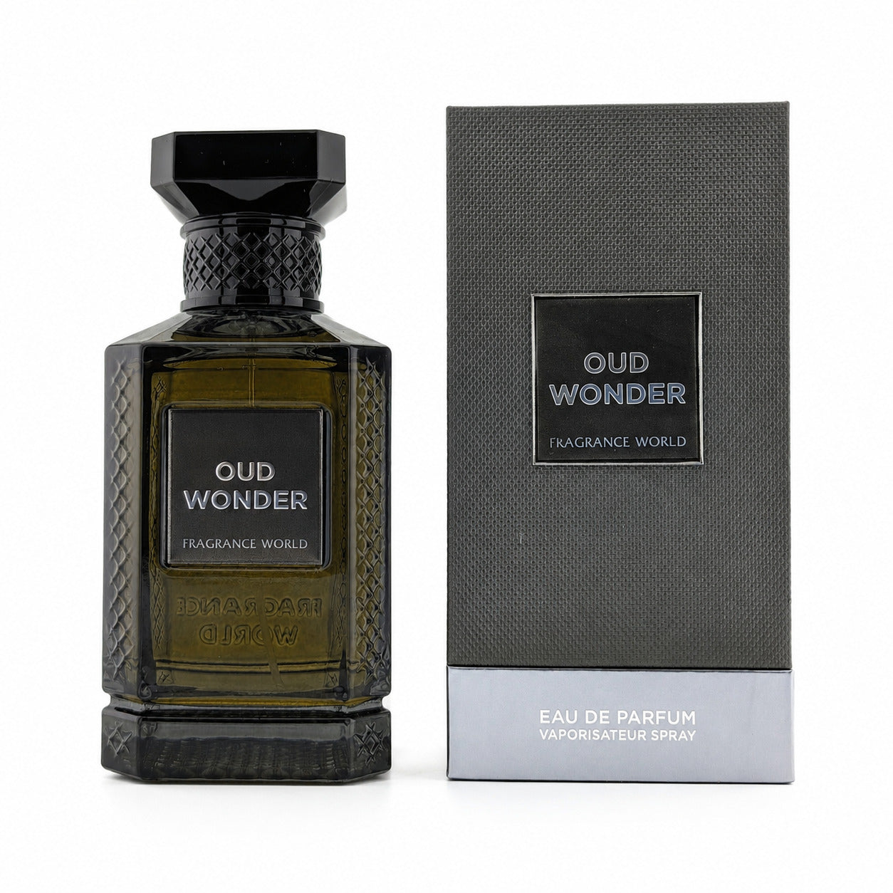 Fragrance World Oud Wonder Eau de Parfum bottle next to its dark gray packaging box on a white background.