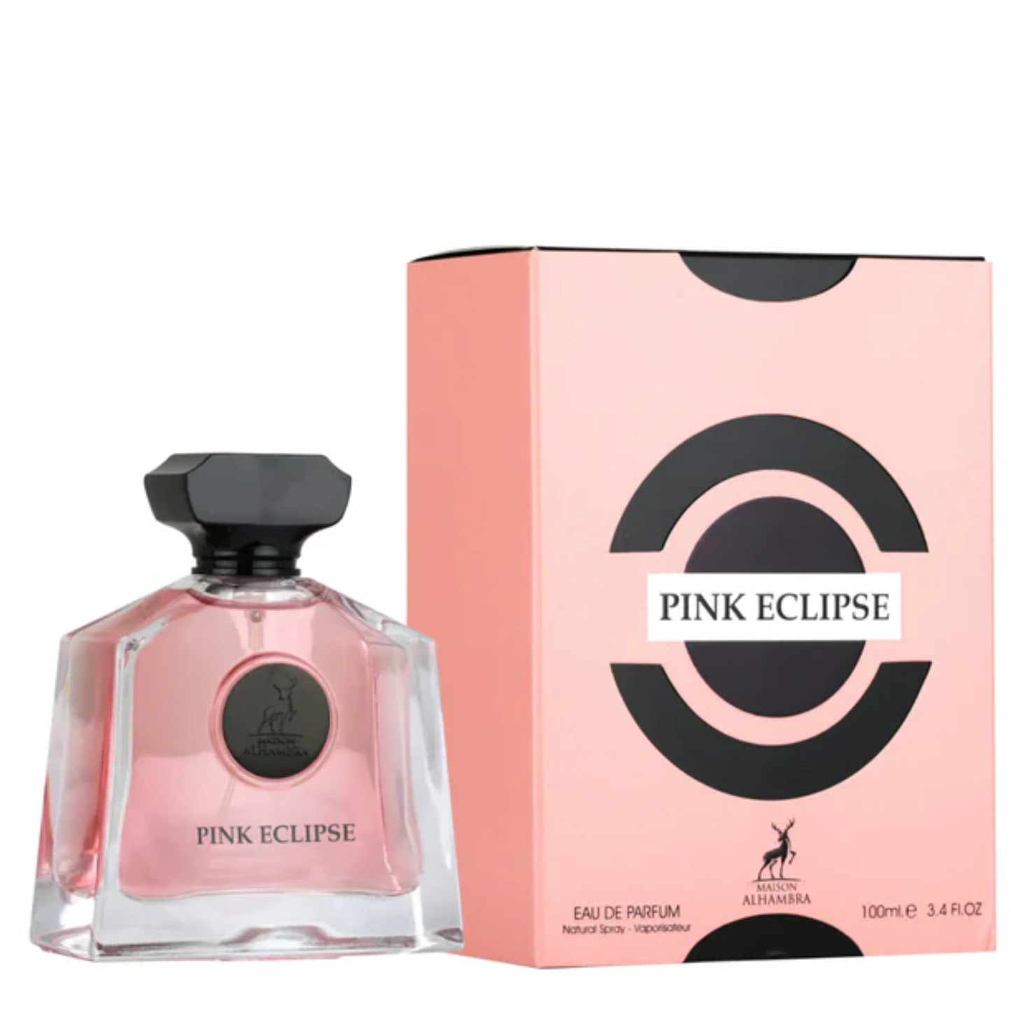 Pink Eclipse perfume bottle and packaging on a white background