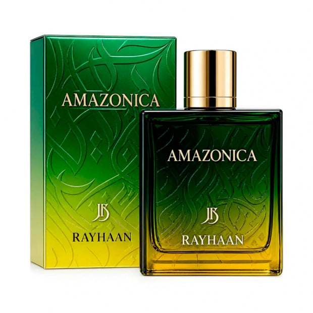 Rayhaan Amazonica fragrance bottle with a gold cap next to its green and yellow gradient box, on a white background.