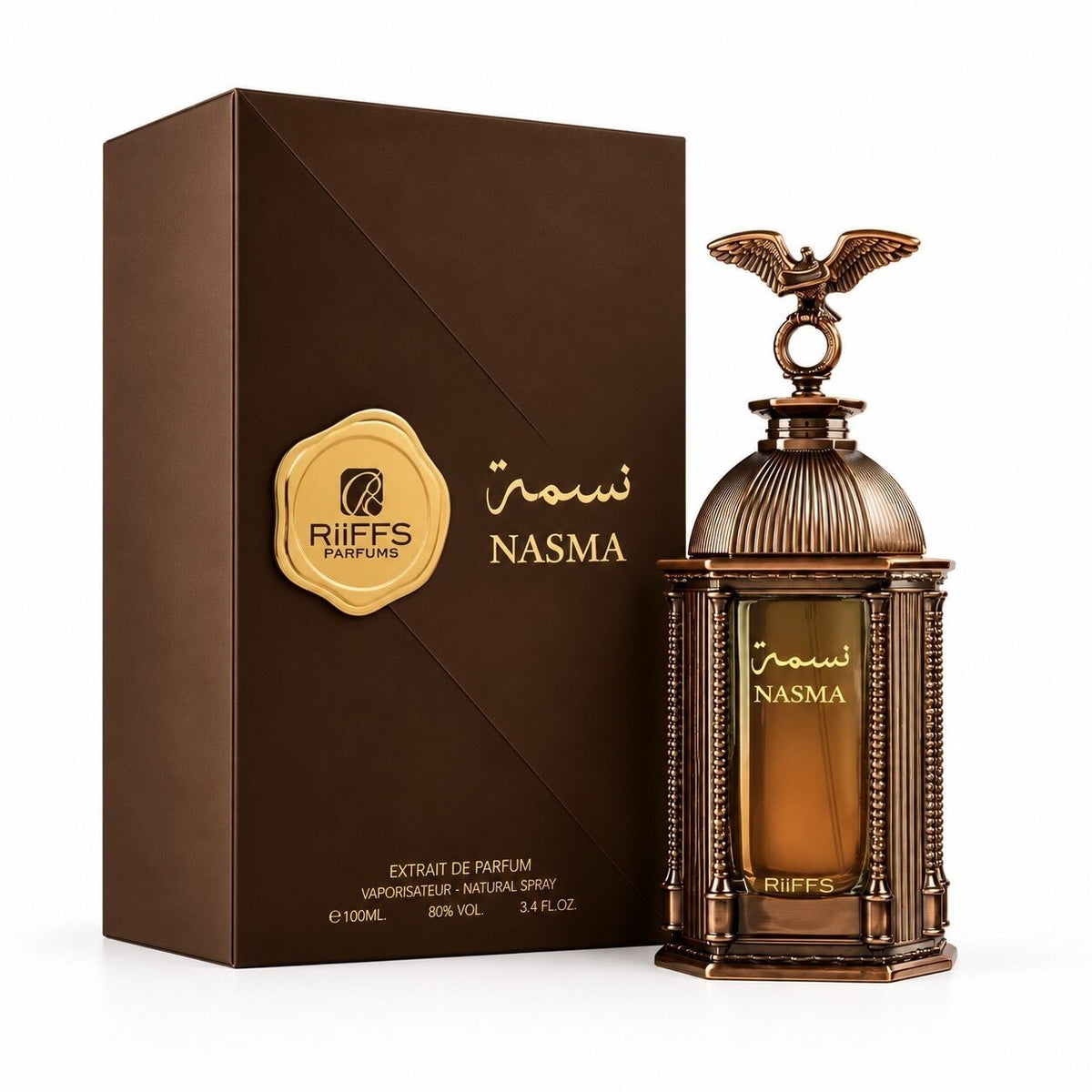 Riiffs Nasma Extrait de Parfum 100ml luxury fragrance bottle and brown packaging box on Beevora UK