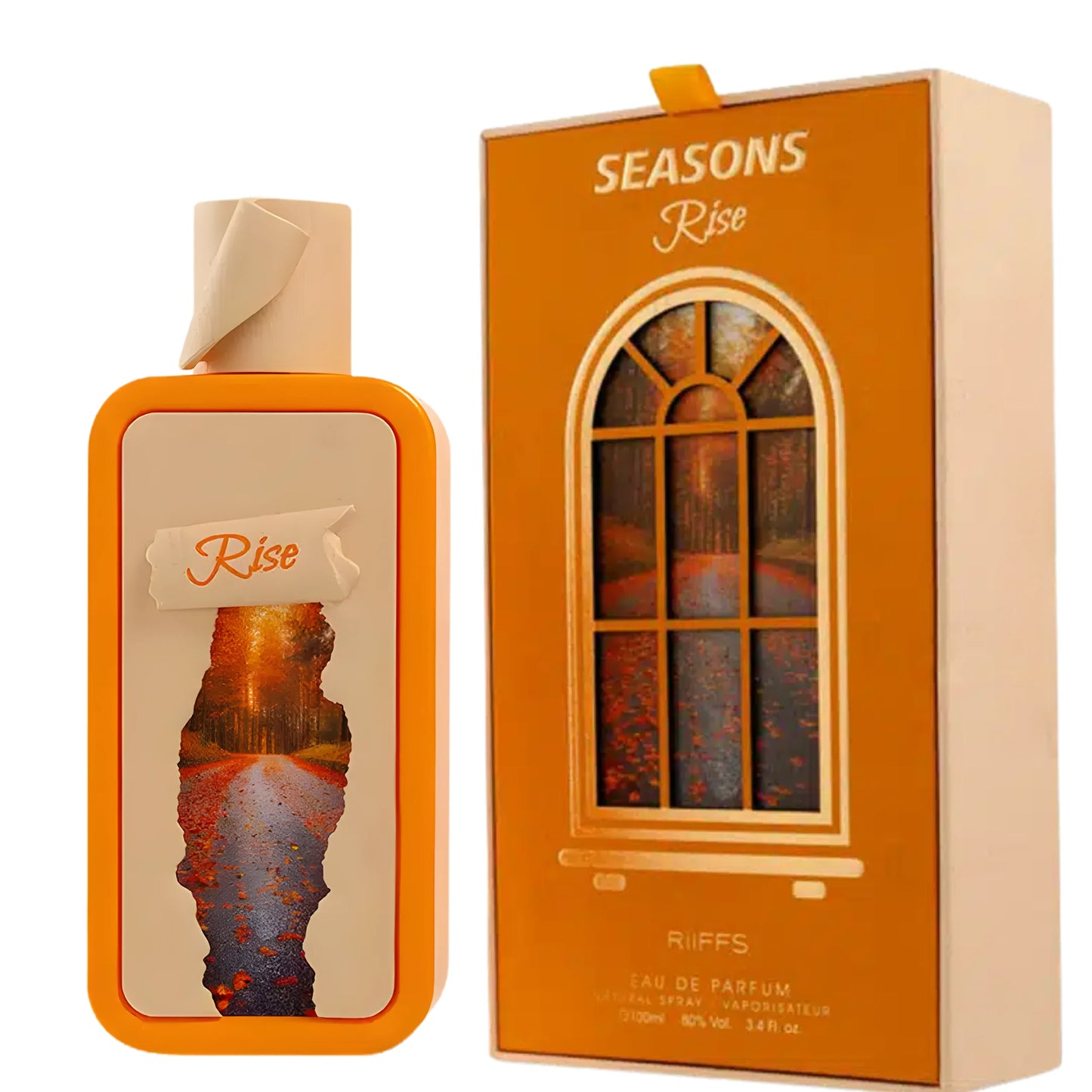 Seasons Rise perfume bottle and packaging on a white background