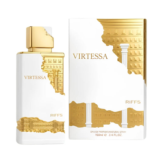 Virtessa Riffs Eau de Parfum bottle and its matching box, both decorated with a white background and a gold classical building illustration.