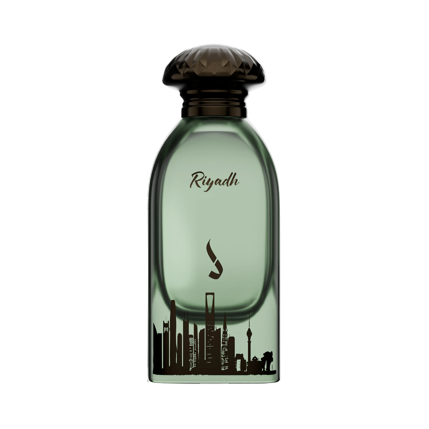 A bottle of Riyadh perfume with a translucent green glass body, a dark brown textured cap, and a black silhouette of the Riyadh skyline printed on the front.