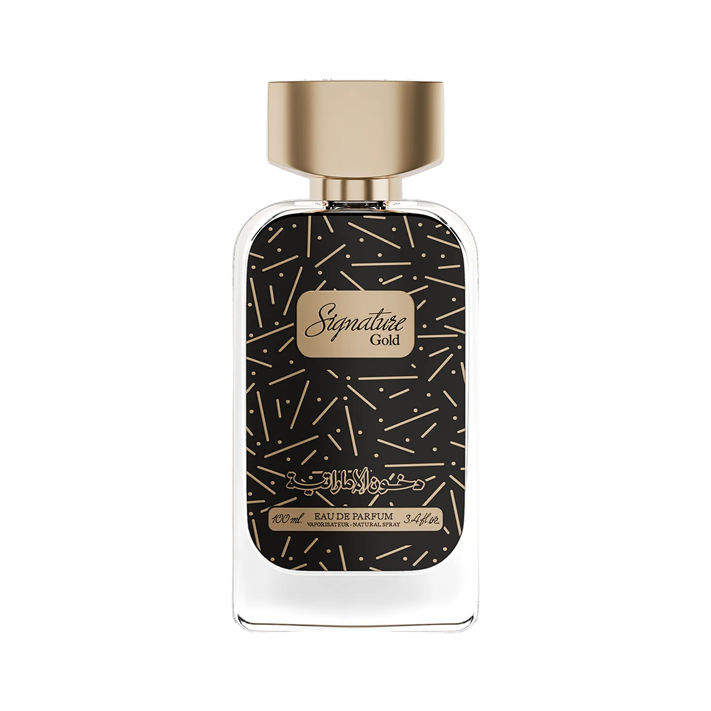 A bottle of Signature Gold Eau de Parfum with a black label patterned with gold lines, a gold cap, and gold lettering, set against a plain white background.