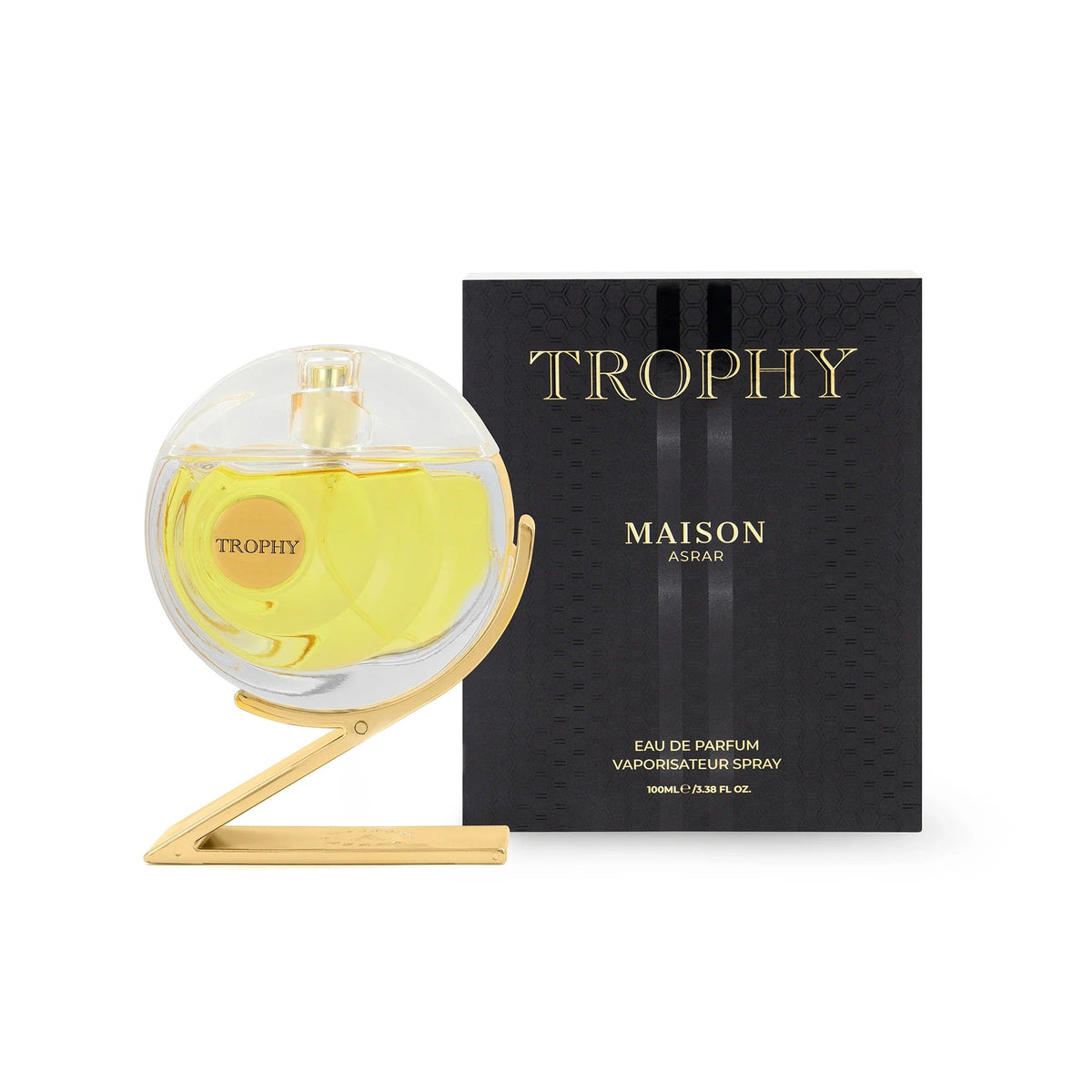 Trophy Maison Asrar perfume bottle and packaging on a white background