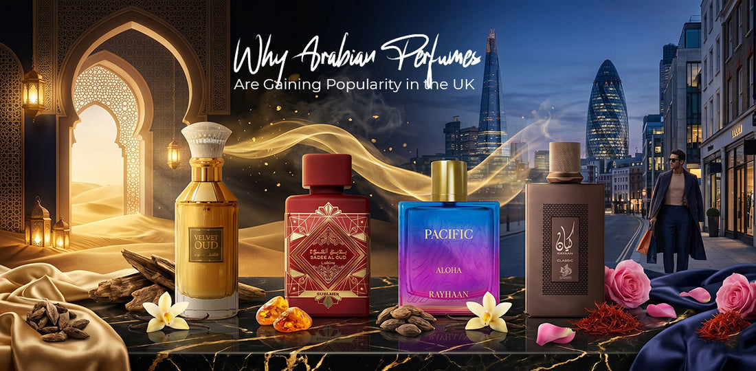 Arabian perfumes gaining popularity in the UK featuring oud, Middle Eastern fragrances and luxury perfume bottles
