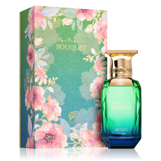 Afnan Mystique Bouquet Eau de Parfum Spray 80ml is a long lasting floral fruity ladies scent  gradient emerald green to deep blue glass bottle.