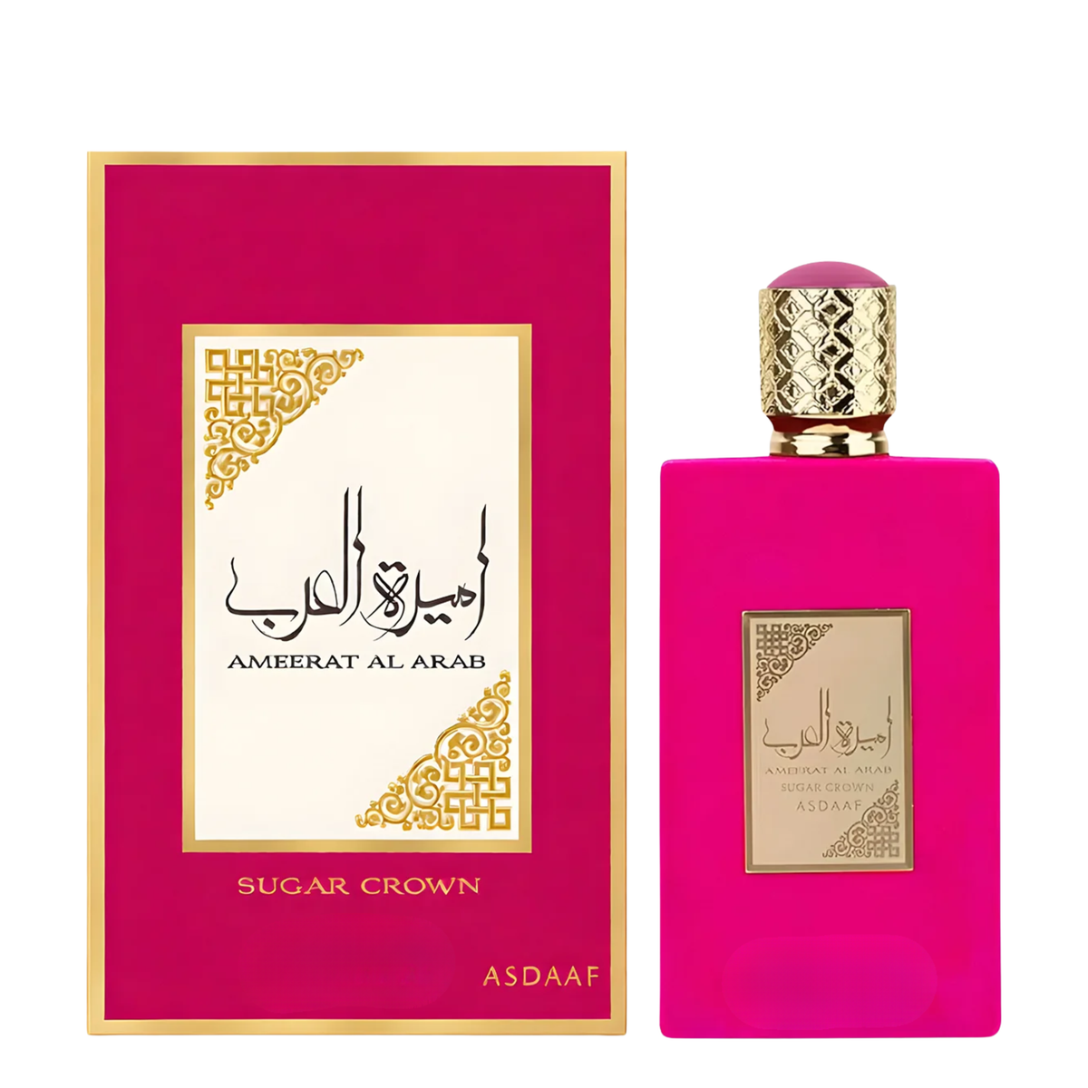 Pink perfume bottle and packaging with gold accents on a white background