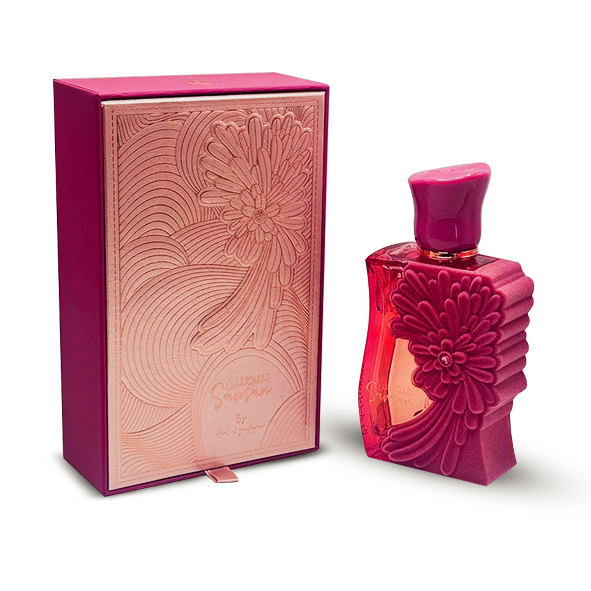 Sawsan Perfume 100ml Pink floral perfume bottle and packaging on a white background