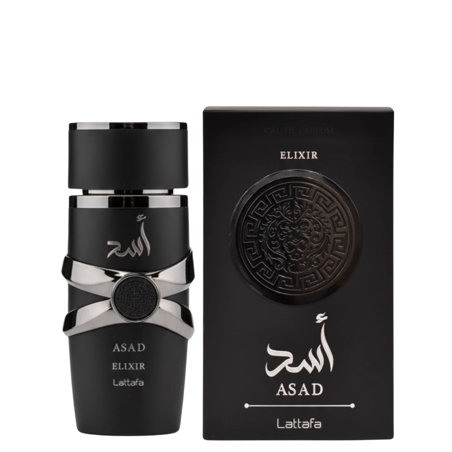 Lattafa Asad Elixir 100ml EDP perfume bottle in a premium matte black and gold finish