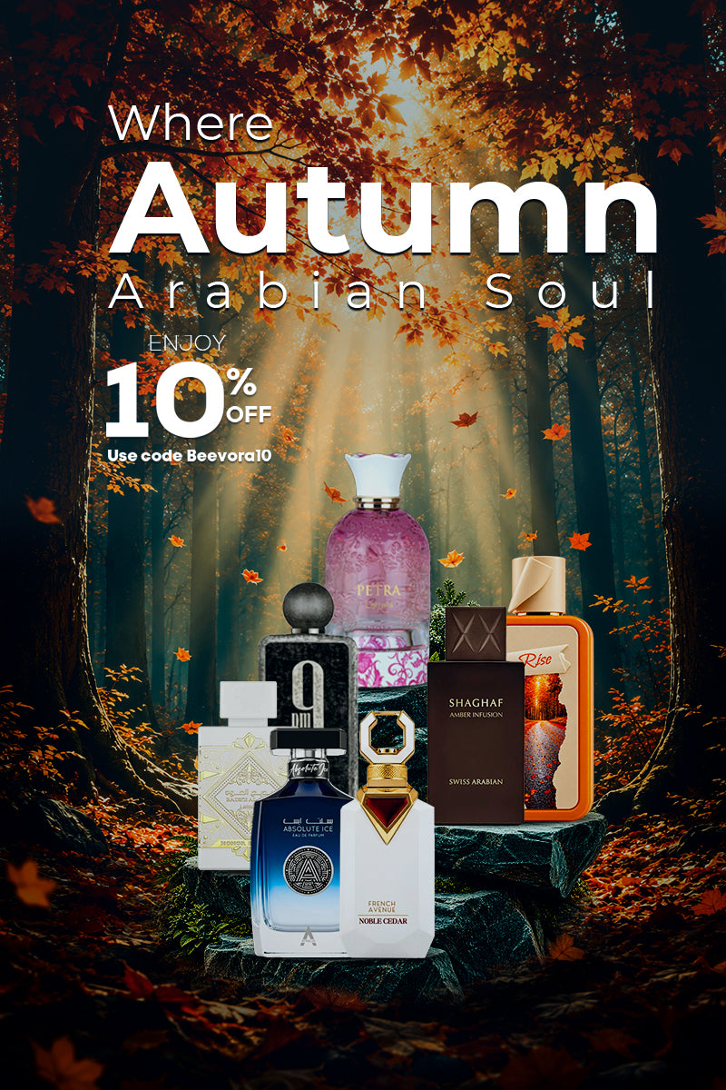 A promotional graphic for Seevera10 featuring a group of six Arabian Soul fragrance bottles arranged on a dark stone pedestal in an autumn forest setting with falling leaves and sunbeams. Large text at the top reads 'Where Autumn Arabian Soul' and 'ENJOY 10% OFF Use code Seevera10'.