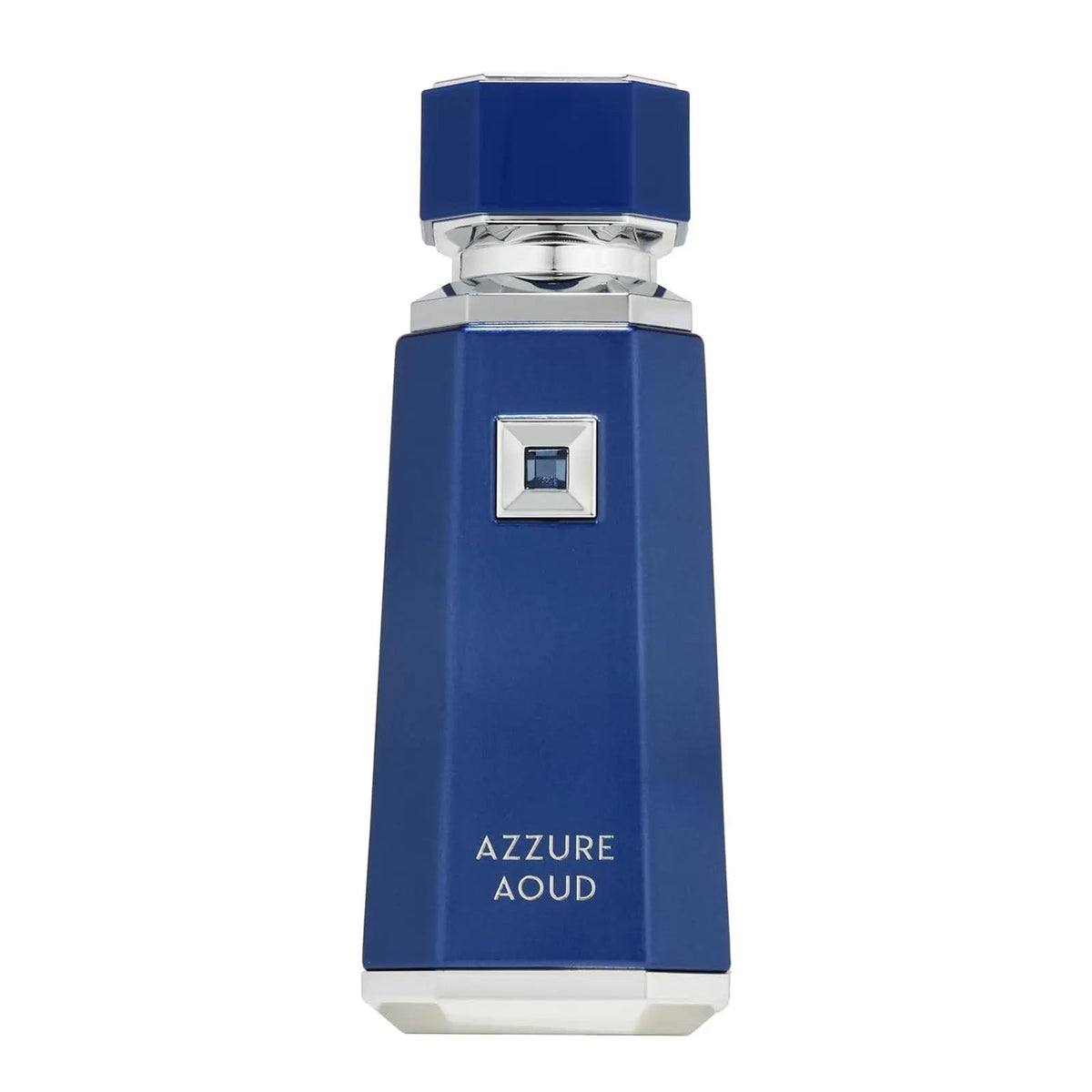 Blue perfume bottle labeled 'Azzure Aoud' on a white background
