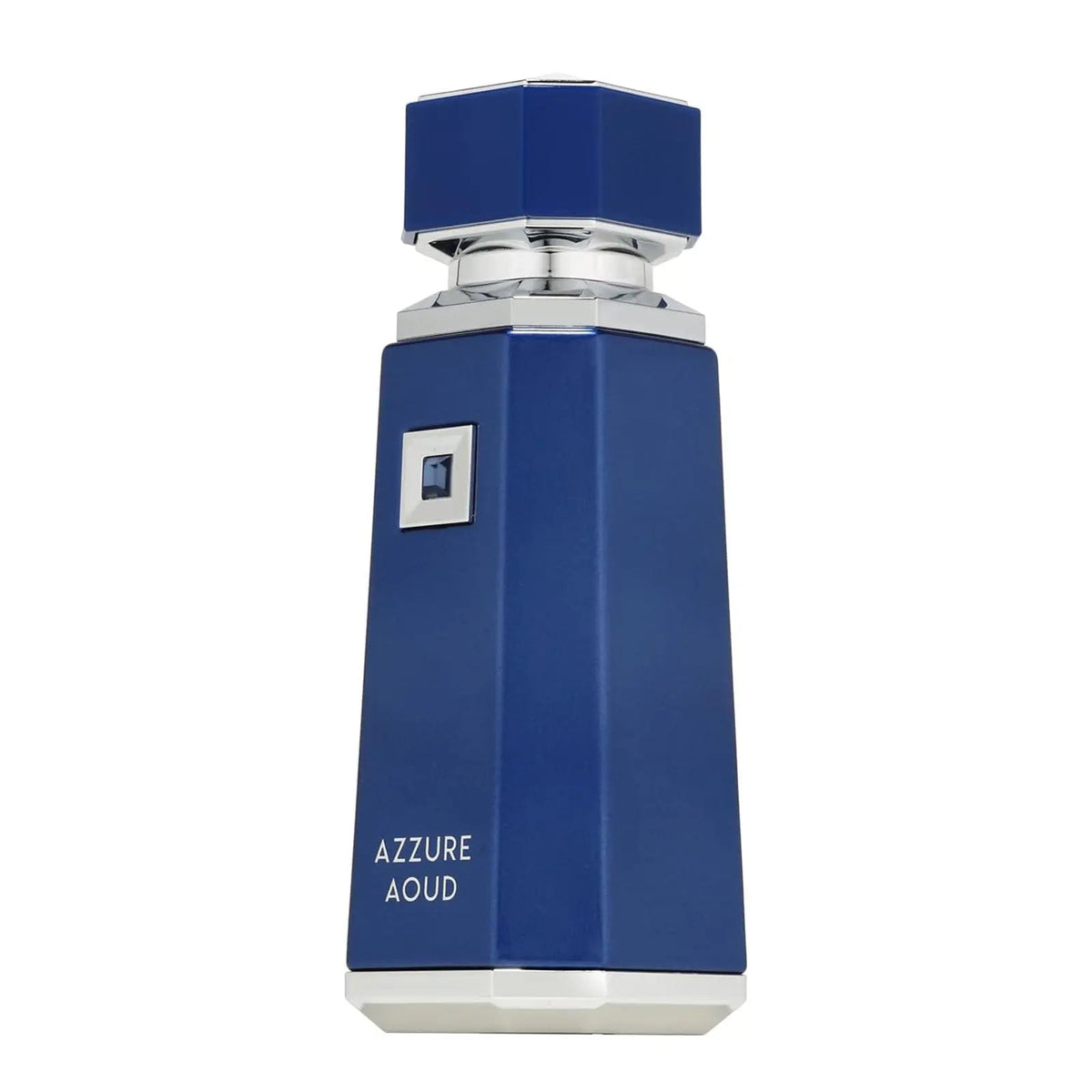Blue perfume bottle labeled 'Azzure Aoud' on a white background