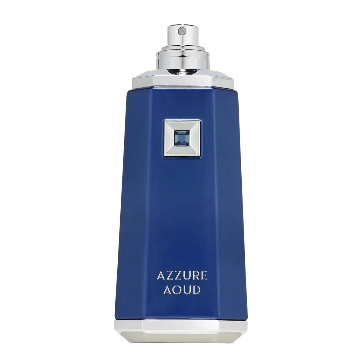 Blue perfume bottle labeled 'Azzure Aoud' on a white background