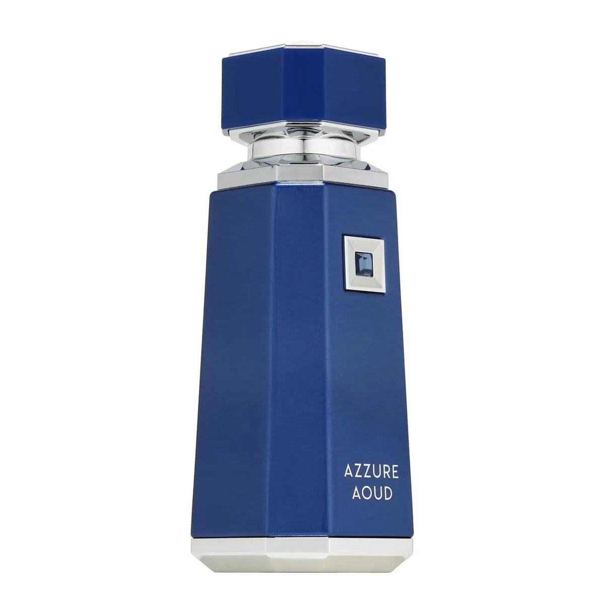 Blue perfume bottle labeled 'Azzure Aoud' on a white background