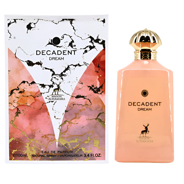 Decadent Dream 100ml EDP by Maison Alhambra is an oriental floral perfume for women and men.pink bottle with a gold cap next to its matching box