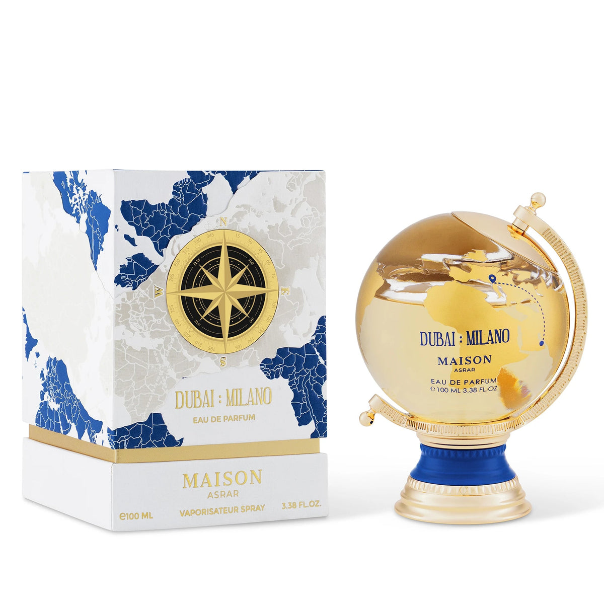 Dubai Milano Perfume 100ml EDP by Maison Asrar, featuring a gold globe-shaped bottle
