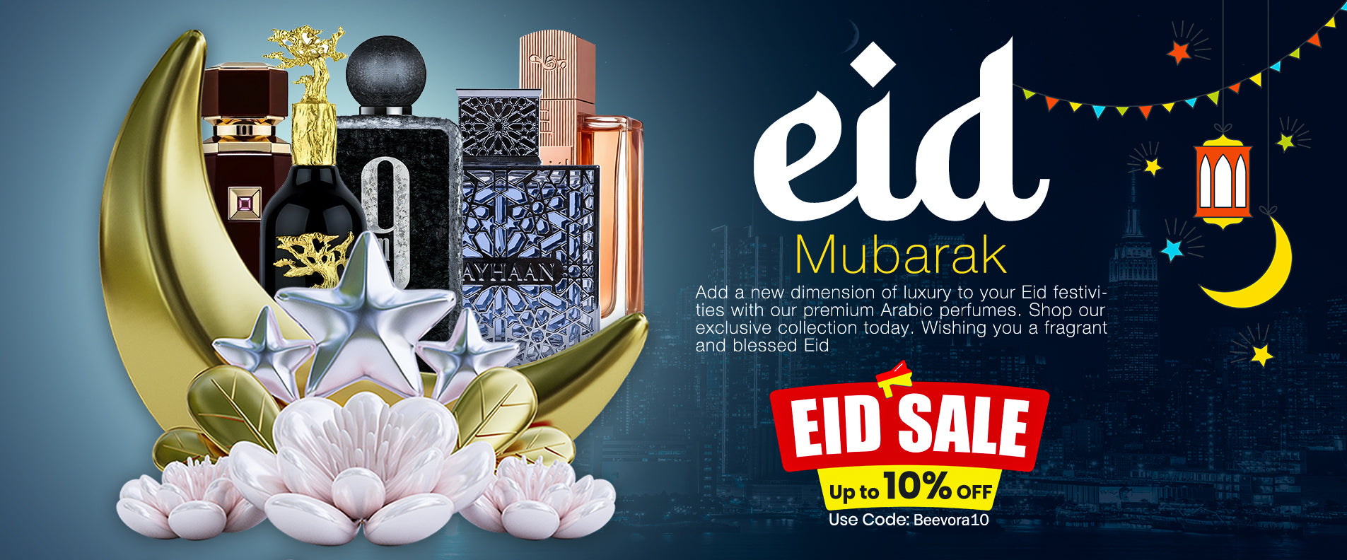 Advertisement for Eid Mubarak with perfume bottles and promotional text on a dark blue background.