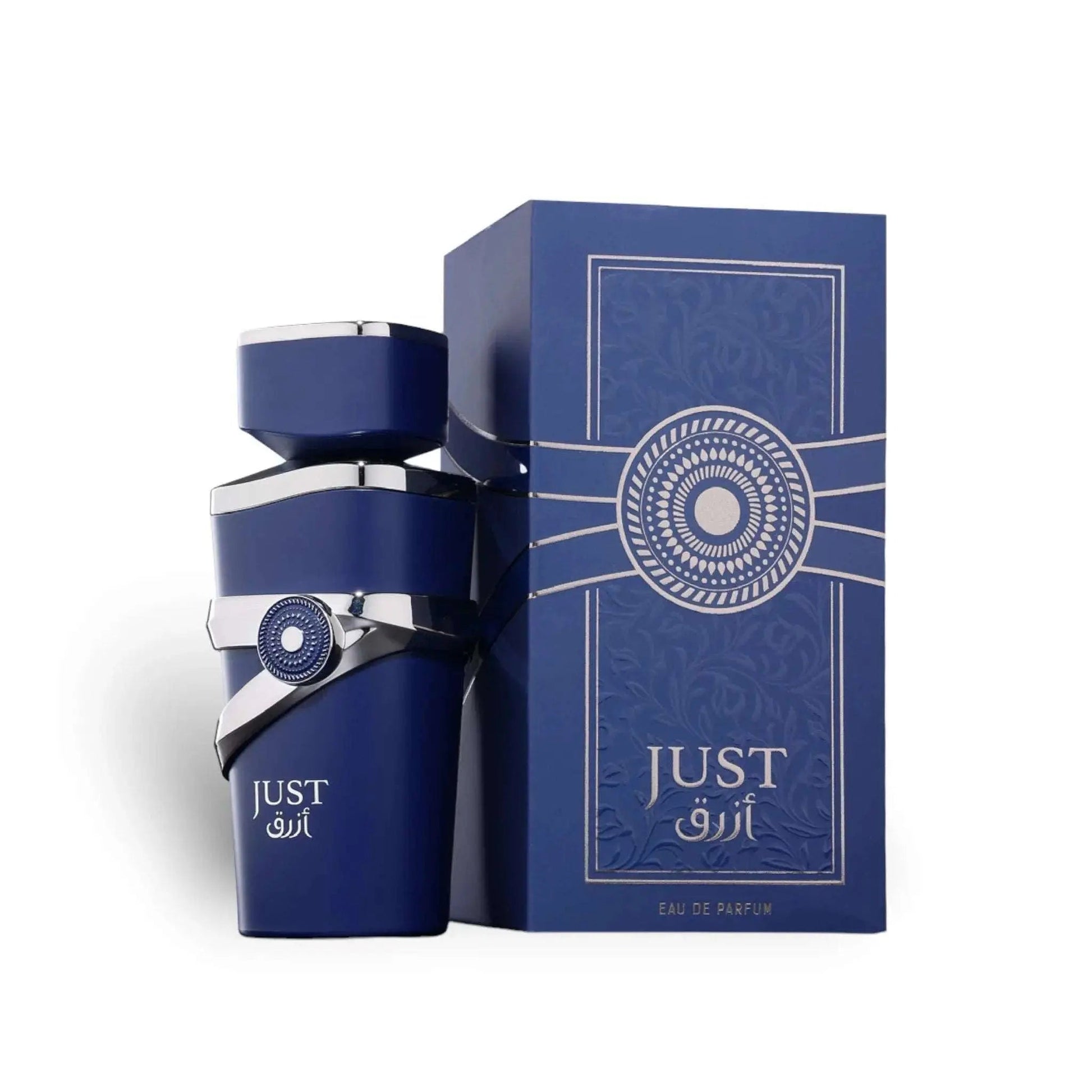 Fragrance World Just Azraq 100ml EDP  Perfume Box and Bottle in white Backgrounds