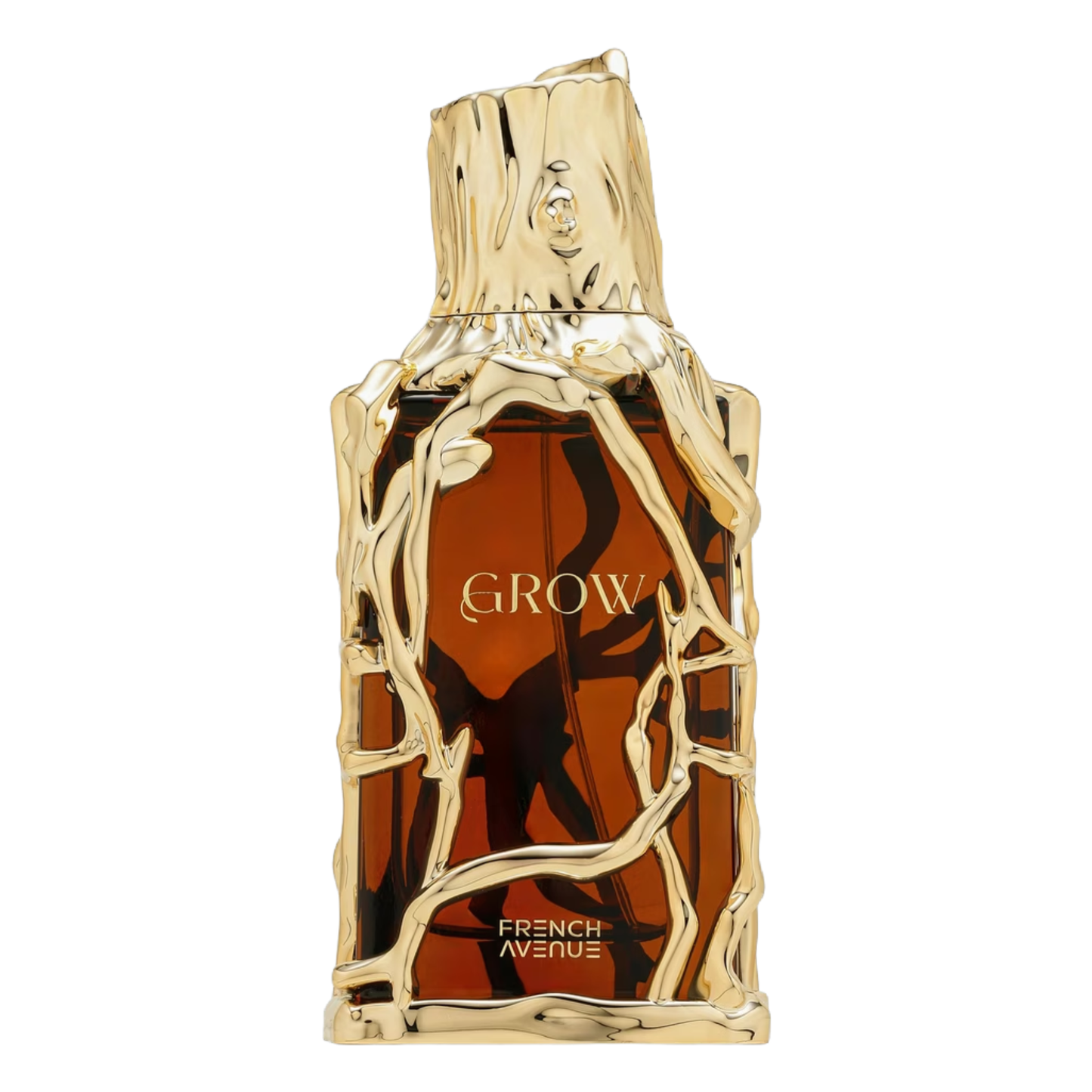Grow Perfume 100ml EDP French Avenue is an oriental woody fragrance. amber colored bottle encased in an ornate gold vine-like frame