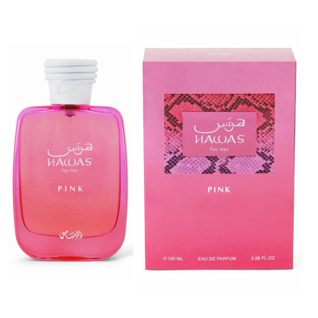 Hawas Pink Perfume by Rasasi Bottle and Box
