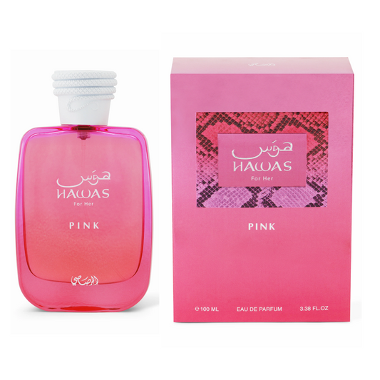 Hawas Pink Perfume by Rasasi Bottle and Box