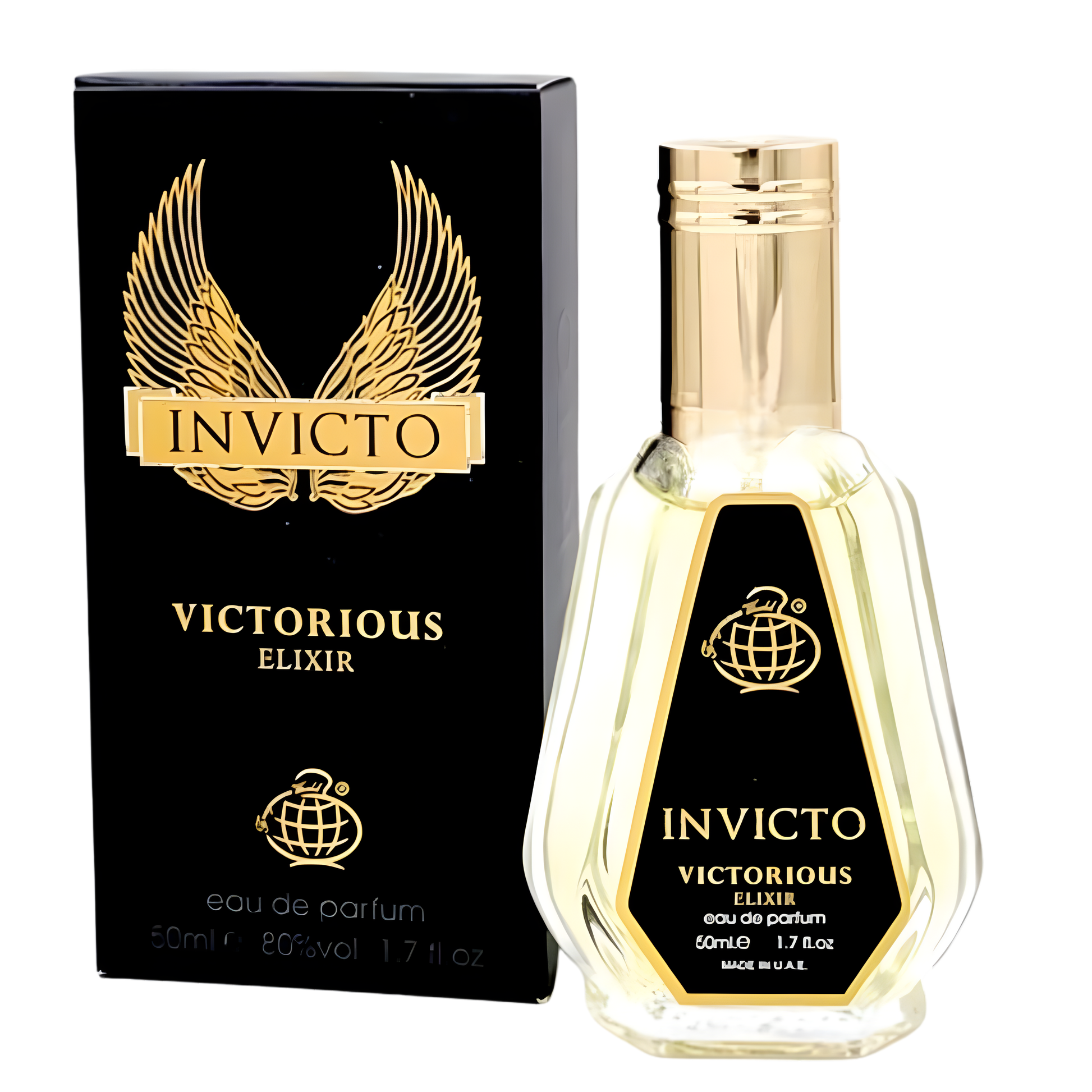 Invicto Victorious Elixir by Fragrance World black perfume bottle with blue gradient and box