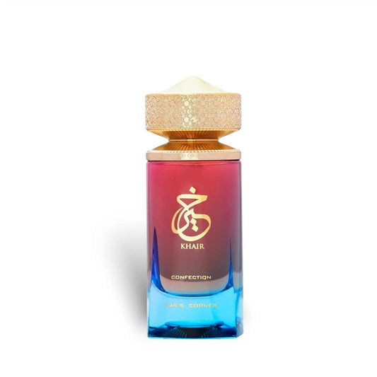The front view of Khair Confection Paris Corner perfume bottle with gold-tone cap