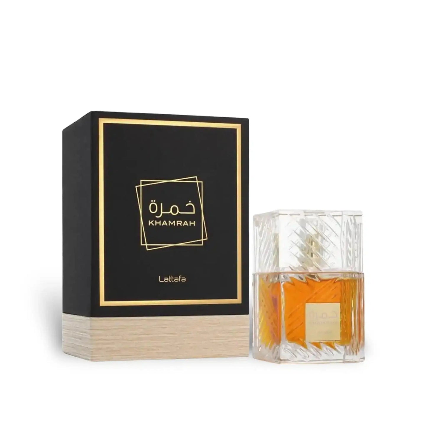 Lattafa Khamrah 100ml EDP bottle and premium black packaging with gold accents